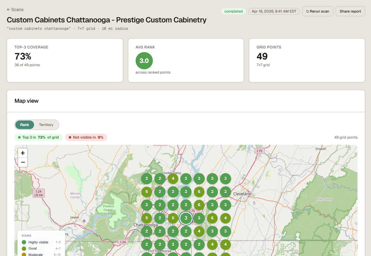 Canopy rank scan for Chattanooga, TN — 73% top-3 coverage with rank dots plotted on a real map